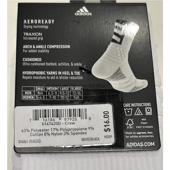 Adidas Creator 365 Basketball Crew Socks 1 Pair Men 12-16 White w Black Logo NEW - Picture 4 of 11